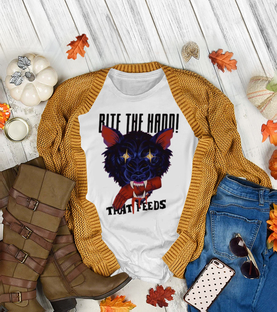Galactixy Bite The Hand That Feeds Wolf with Glowing Eyes Holding Severed Hand T-Shirt