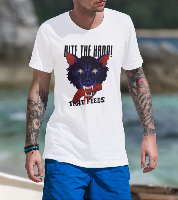 Galactixy Bite The Hand That Feeds Wolf With Glowing Eyes Holding Severed Hand T-Shirt