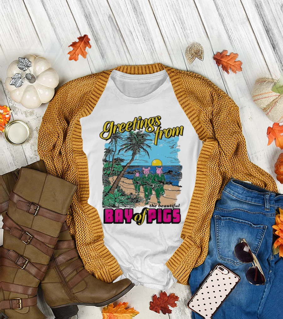Greetings From The Beautiful Bay Of Pigs With Pig-Headed Soldiers and Tropical Beach Scene T-Shirt