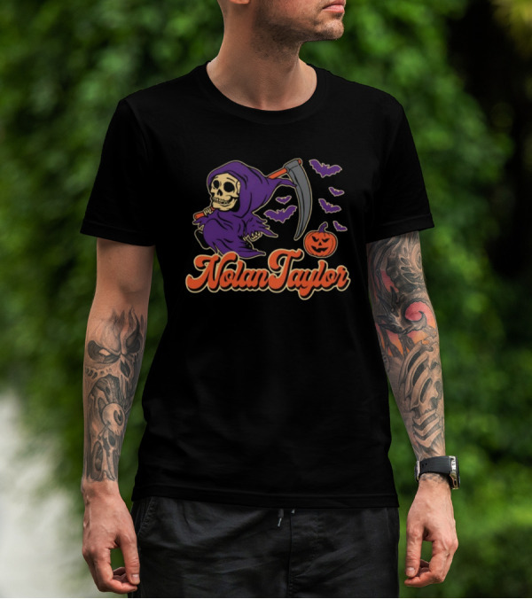 NolanTaylor Halloween Grim Reaper With Scythe And Pumpkin Bats T-Shirt
