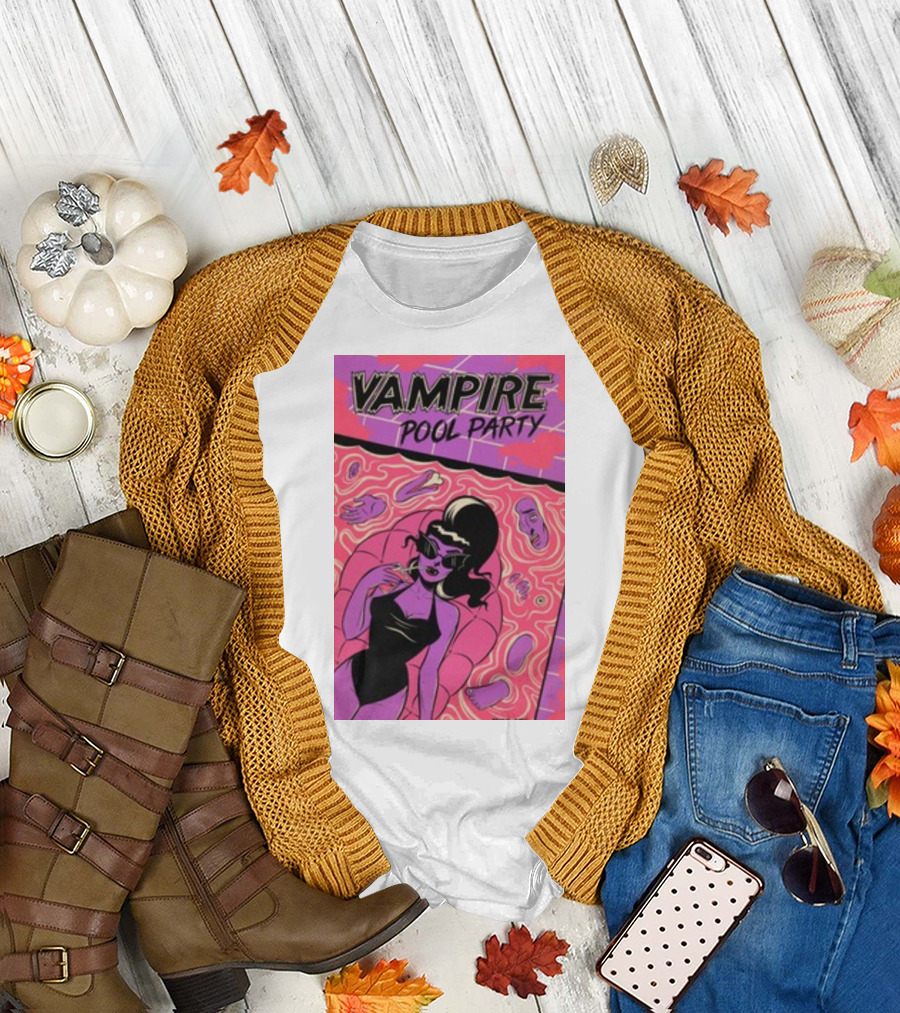 Vampire Pool Party Retro Vibes with Tragic Girl and Floating Accessories T-Shirt