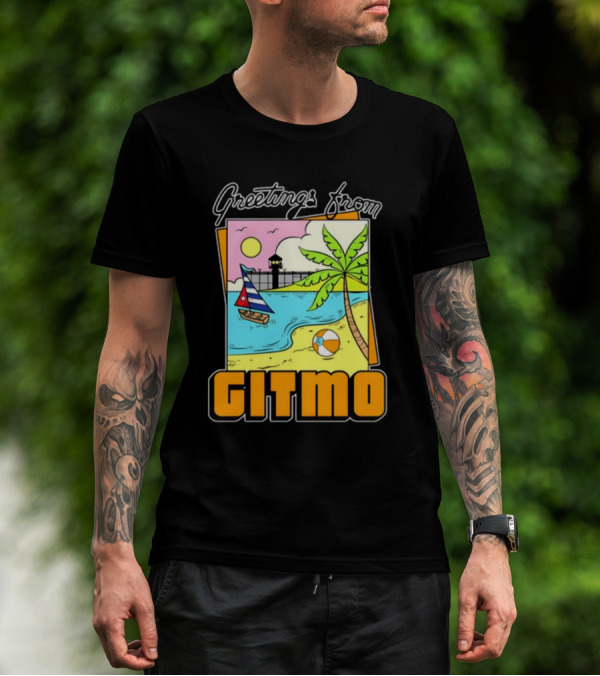 Greetings From Gitmo Sunshine Beach Scene With Palm Trees And Sailboat T-Shirt
