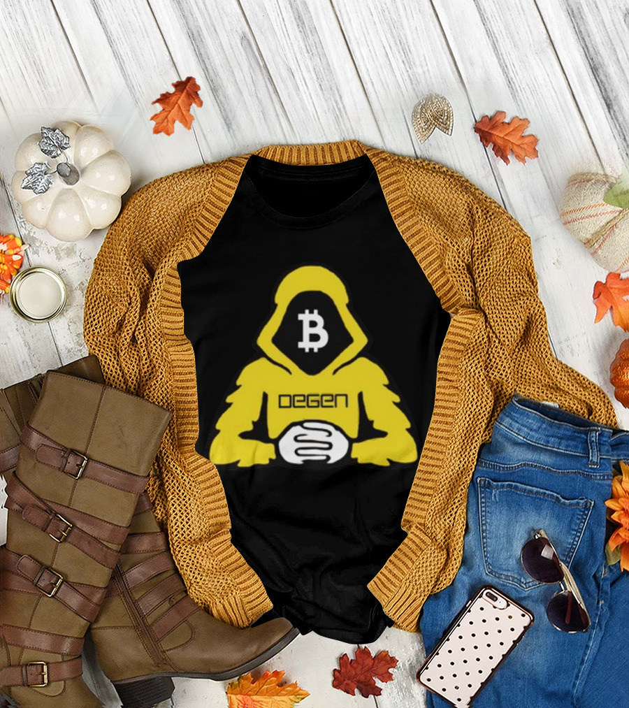 Bitcoin Degen Hooded Figure with Bitcoin Logo and Folded Hands T-Shirt