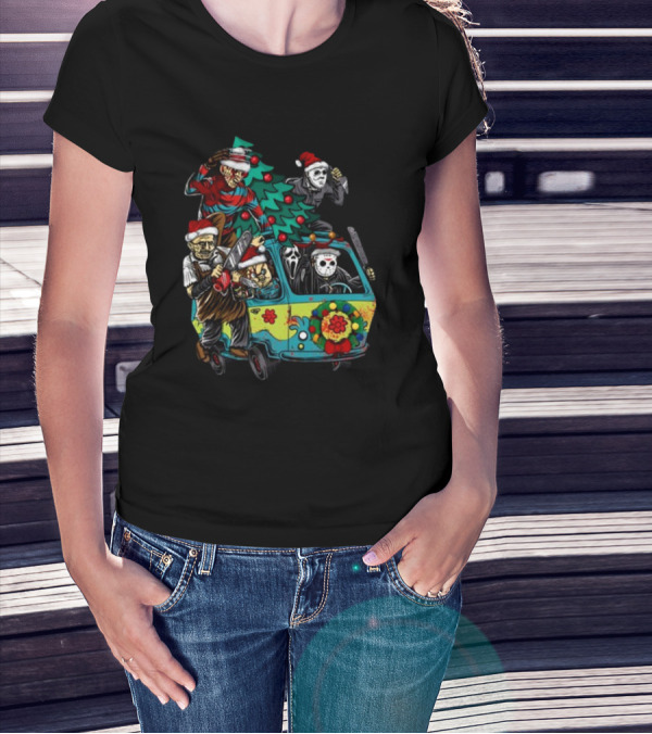 Horror Movie Characters In Christmas Santa Hats With Tree On Fun Van T-Shirt