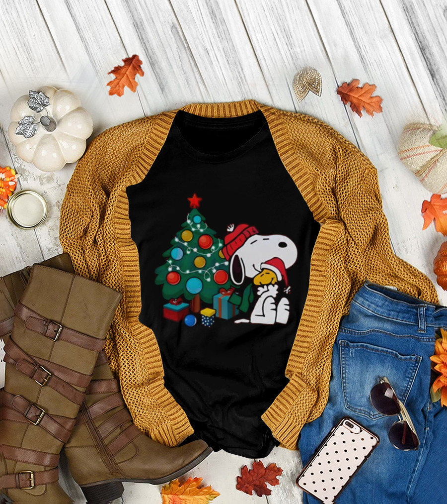 Snoopy and Woodstock Celebrating Christmas by the Tree T-Shirt