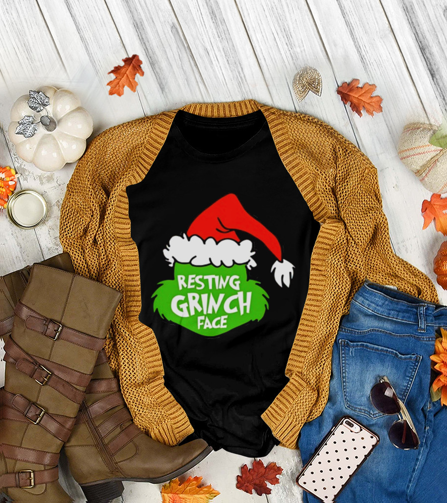 Resting Grinch Face Santa Hat Christmas T-Shirt