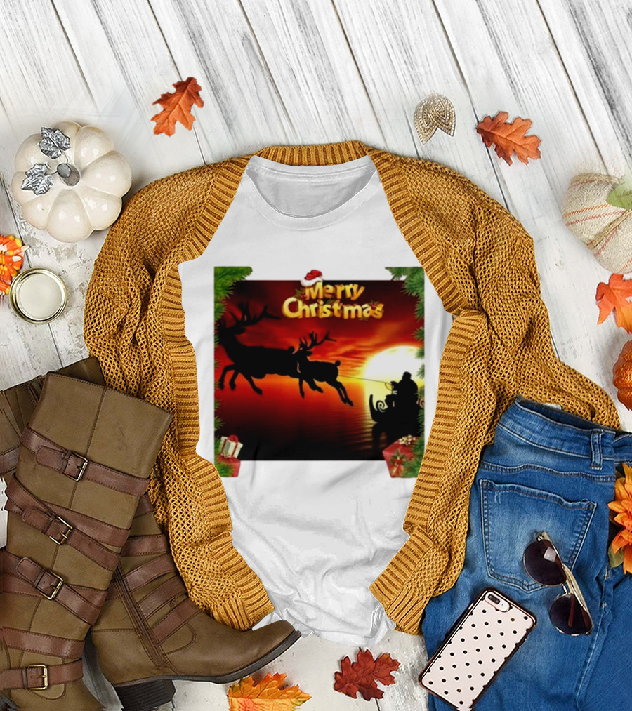 Merry Christmas Santa Claus Sleigh Sunset with Reindeer in Holiday Scene T-Shirt