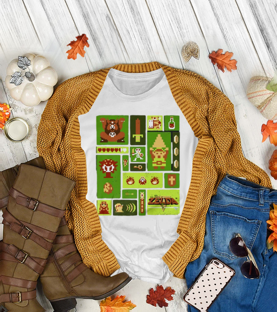 Pixelated Zelda and Link Adventure Icons Mosaic With Sword and Hearts T-Shirt