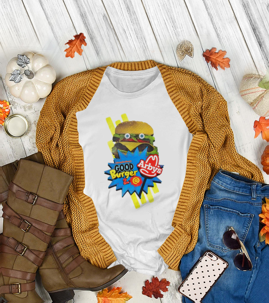 Nickelodeon Good Burger 2 Arby's Collaboration Burger With Eyeballs and Red Arby's T-Shirt