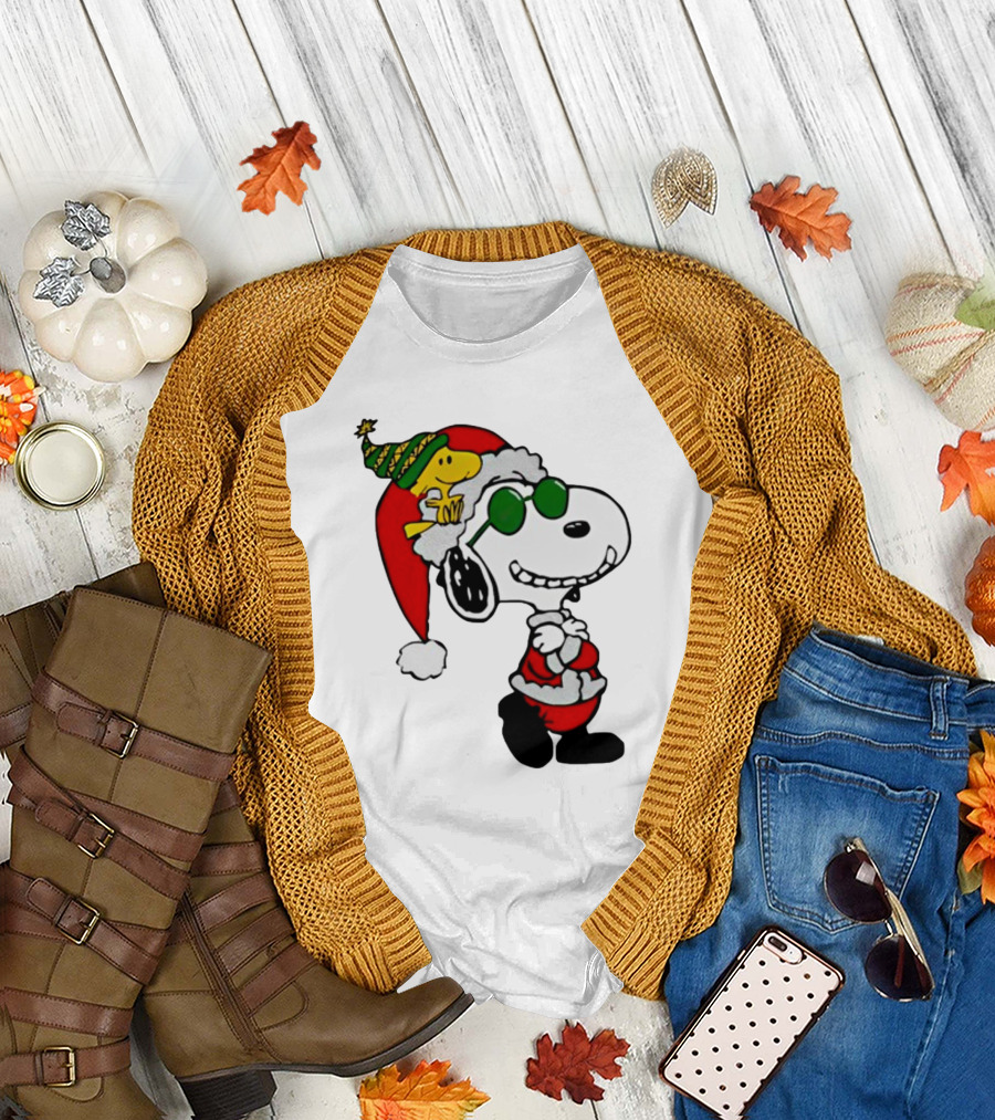 Snoopy and Woodstock Peanuts Merry Christmas Santa Hat and Sunglasses T-Shirt