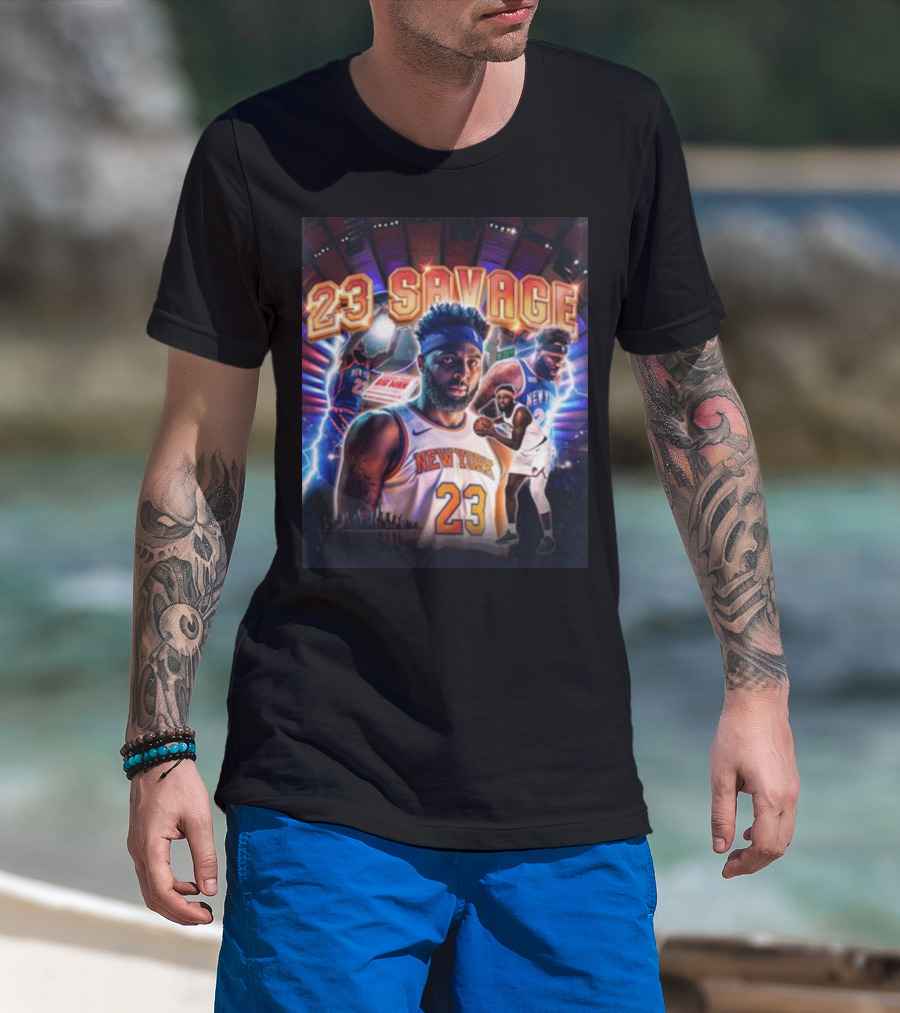 New York Knicks 23 Savage Mitchell Robinson Stadium Lightning Background T-Shirt