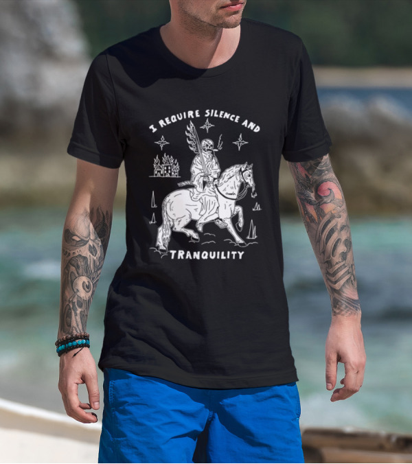 I Require Silence And Tranquility Grim Reaper On Horse With Burning Castle And Stars T-Shirt