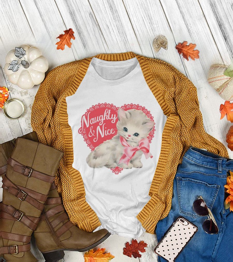 Nessa Barrett Store Naughty and Nice Kitten Heart Bow T-Shirt