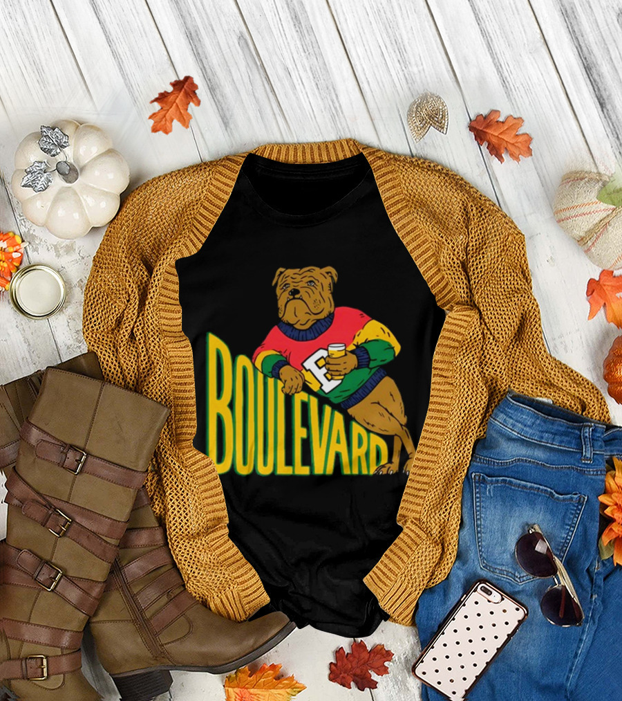 Boulevard Bully Dog in Colorful Sweater Holding Drink T-Shirt