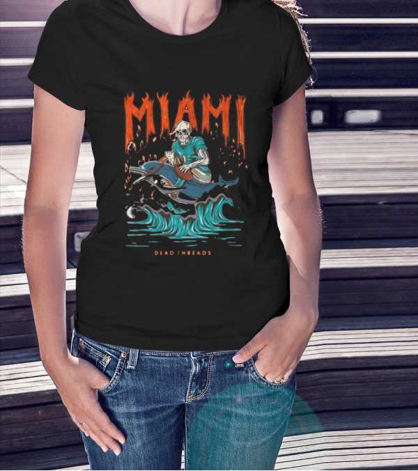 MIAMI Dead Threads Skeleton Surfer On Dolphin Football Adventure T-Shirt