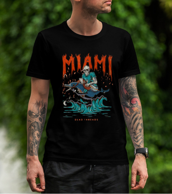 MIAMI Dead Threads Skeleton Surfer On Dolphin Football Adventure T-Shirt