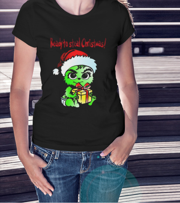 Cathygraphics3 Ready To Steal Christmas Green Santa Hat Gift T-Shirt