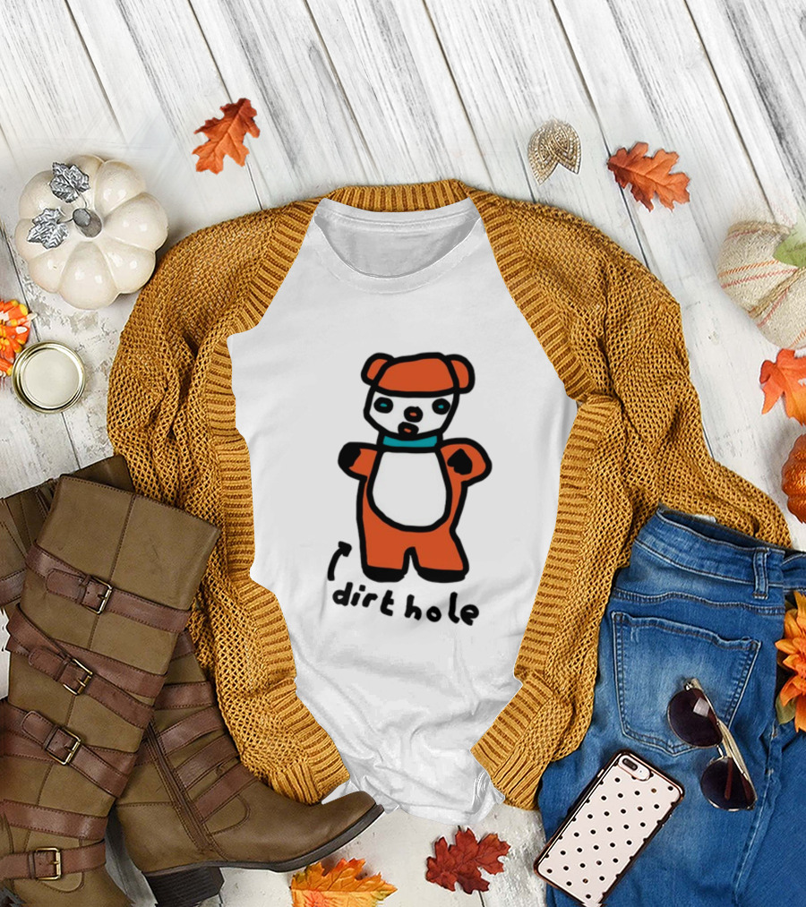 Dirthole Bear Illustration with Orange Outfit and Black Hat T-Shirt
