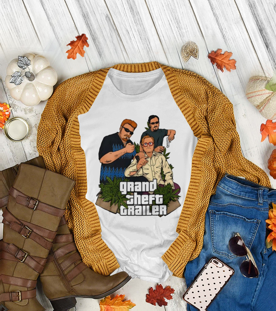 Grand Theft Trailer Cannabis Comedy Trio with Sunglasses and Pistol T-Shirt