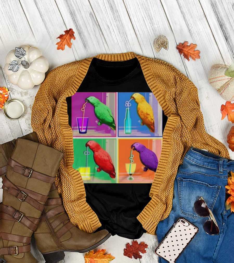 Apolloandfrens Suck Bird Colorful Pop Art Parrot Drinking from Straws T-Shirt