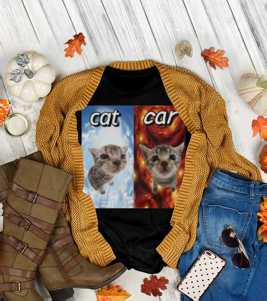 Cringeytees Cat Car Kitten Showdown Sky vs Swirl Background T-Shirt