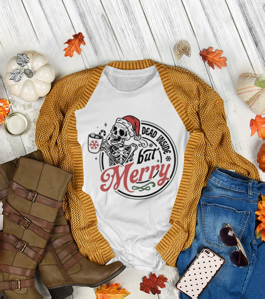 Dead Inside But Merry Santa Skeleton Holding Cocoa T-Shirt
