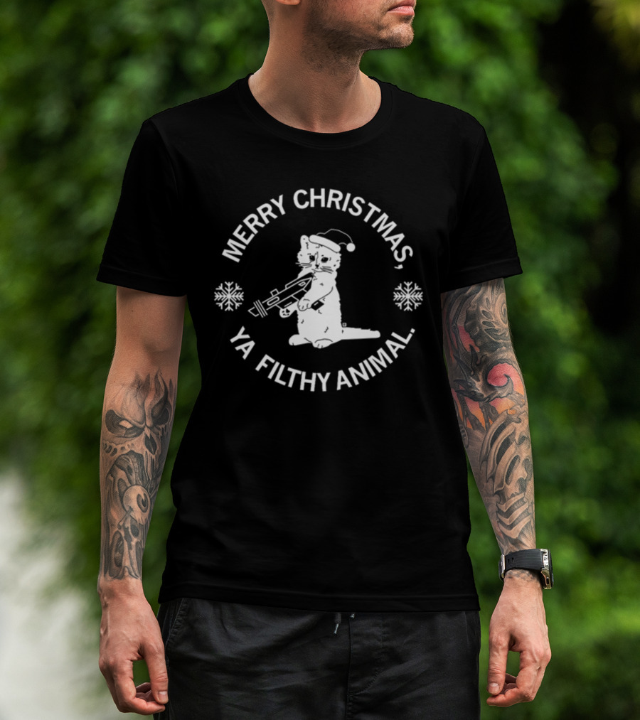 Merry Christmas Ya Filthy Animal Cat With Gun And Santa Hat T-Shirt