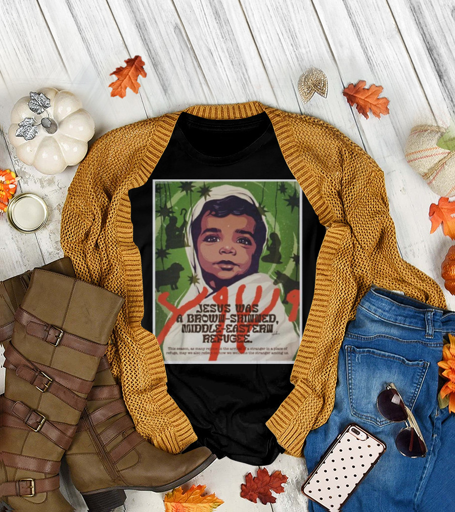 Jesus Was a Brown-Skinned Middle-Eastern Refugee Young Child Portrait Green Star Background T-Shirt