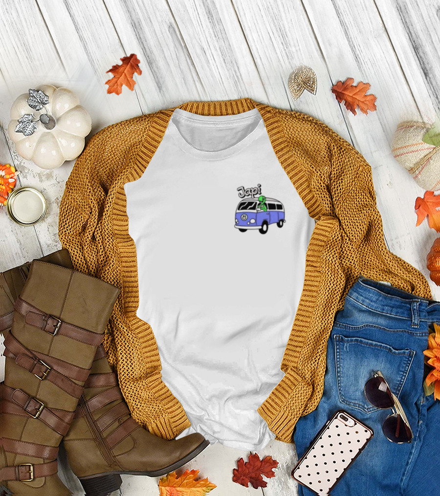 Japi Alien Character Surfer Riding Blue Peace Bus T-Shirt