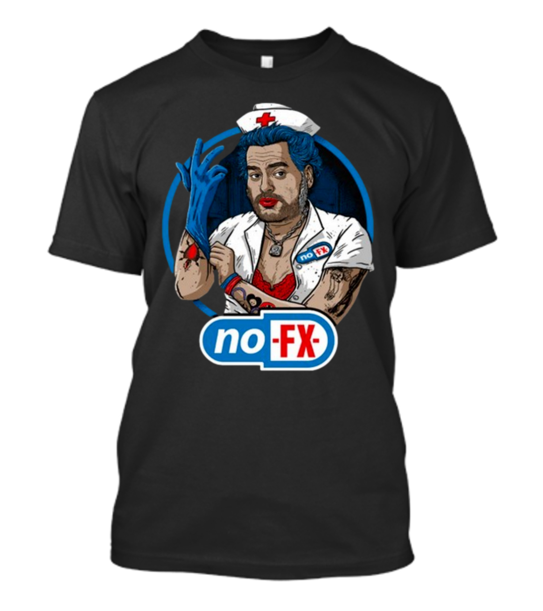 NOFX Blue Haired Nurse Mike Character In Red Lingerie With Tattoos And Blue Glove T-Shirt