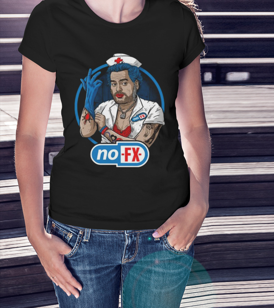 NOFX Blue Haired Nurse Mike Character In Red Lingerie With Tattoos And Blue Glove T-Shirt