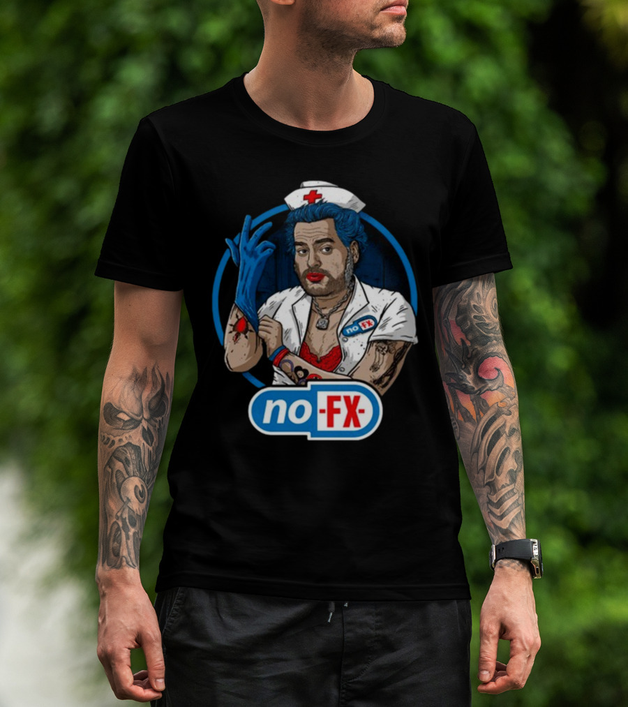 NOFX Blue Haired Nurse Mike Character In Red Lingerie With Tattoos And Blue Glove T-Shirt