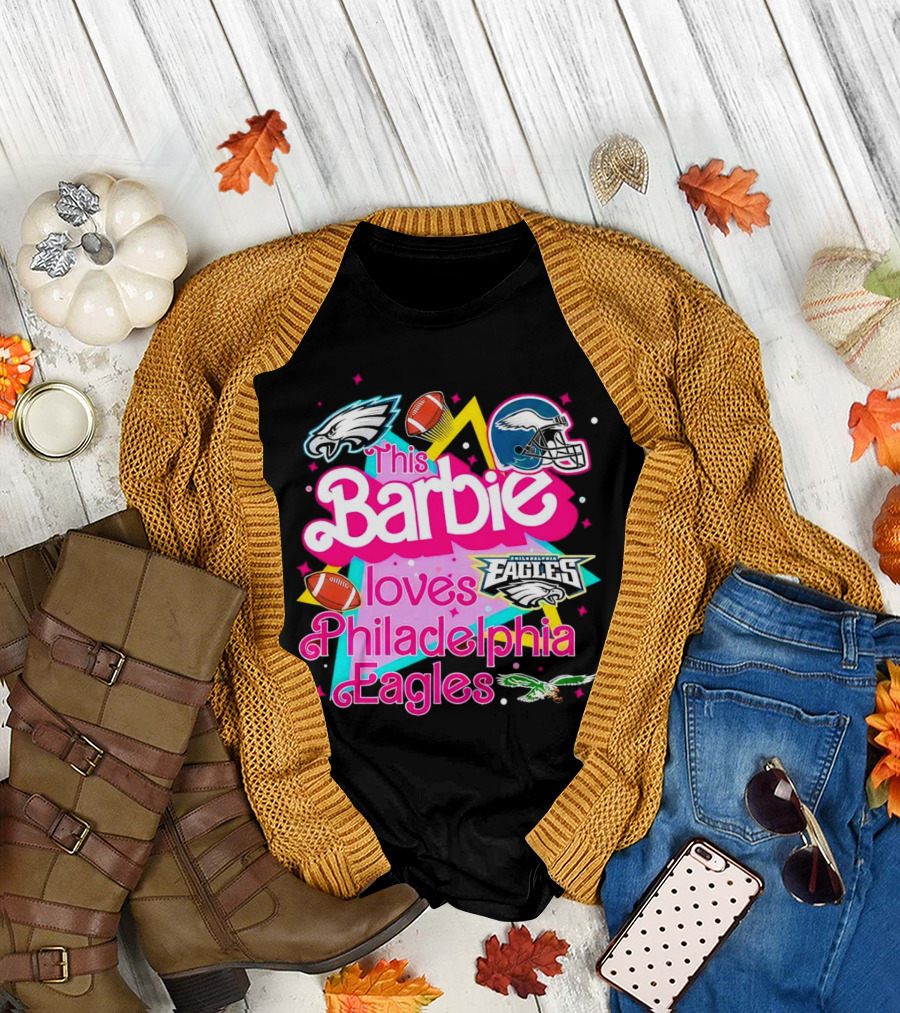 This Barbie Loves Philadelphia Eagles with Logos and Footballs T-Shirt