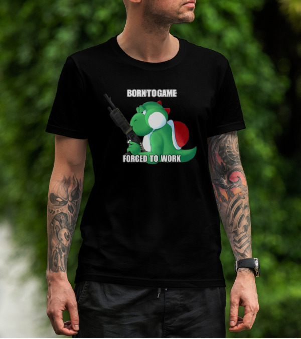 Born To Game Forced To Work Green Dinosaur Headphones Gaming Character T-Shirt