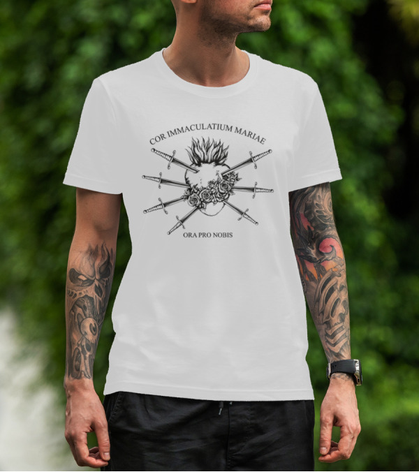 Cor Immaculatum Mariae Ora Pro Nobis Swords And Flaming Heart T-Shirt