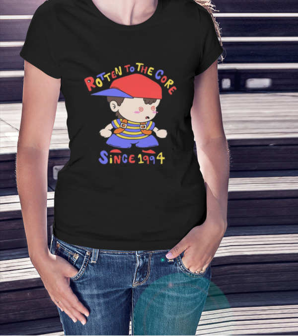 Rotten To The Core Since 1994 Cartoon Character With Red Cap And Striped T-Shirt