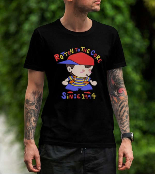 Rotten To The Core Since 1994 Cartoon Character With Red Cap And Striped T-Shirt