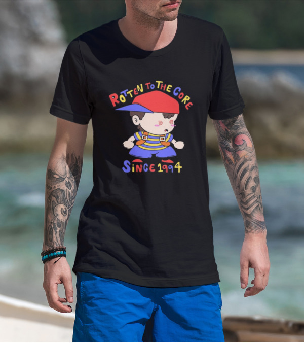 Rotten To The Core Since 1994 Cartoon Character With Red Cap And Striped T-Shirt
