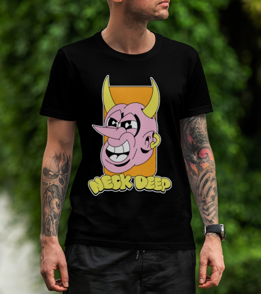 NeckDeepUK Neck Deep Cartoon Devil Face Yellow Horns Pink Head T-Shirt