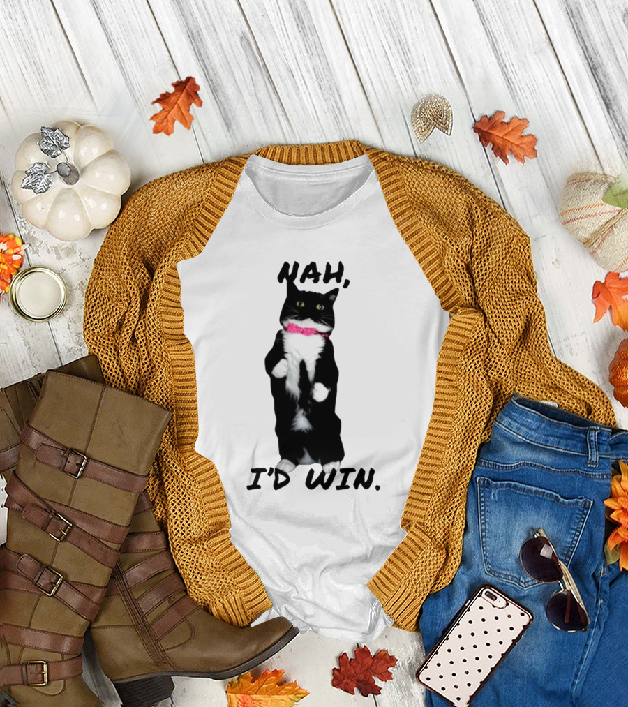 Nah I'd Win Black and White Cat with Pink Bow Tie T-Shirt