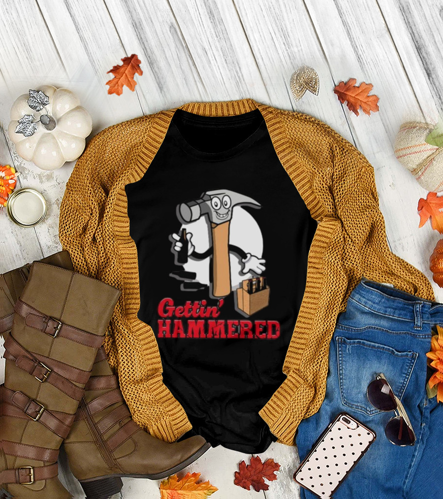 Gettin' Hammered with Cartoon Hammer and Drinks T-Shirt