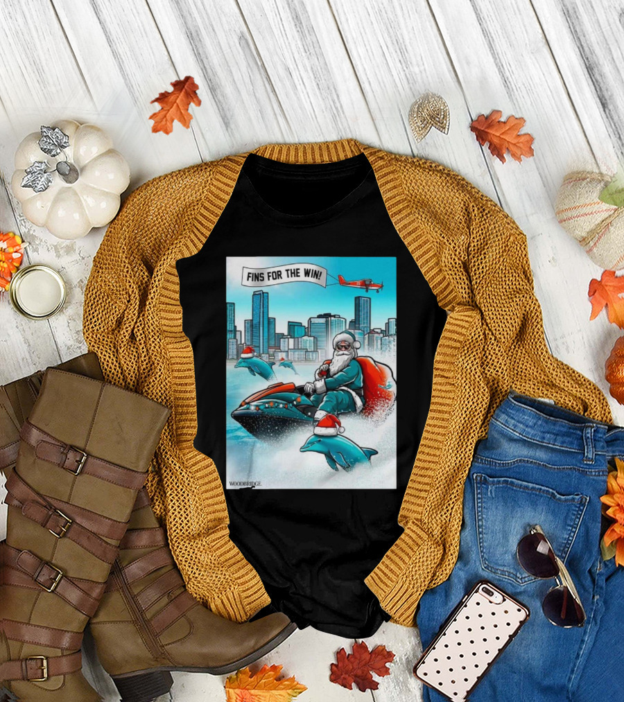 Fins For The Win Santa Miami Dolphins Christmas Holiday T-Shirt