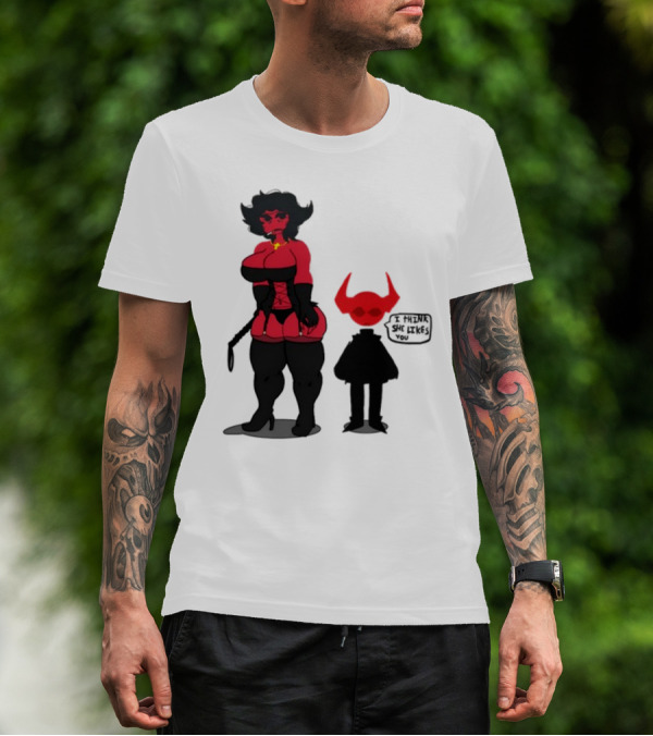 Thewboy Red Character With Devil Horns I Think She Likes You T-Shirt