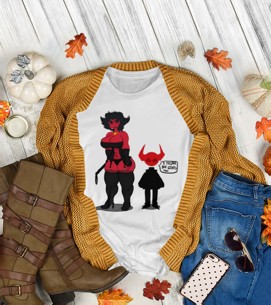 Thewboy Red Character with Devil Horns I Think She Likes You T-Shirt