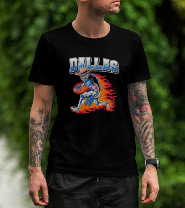 Dallas Cowboy Football Skeleton Player In Flames T-Shirt