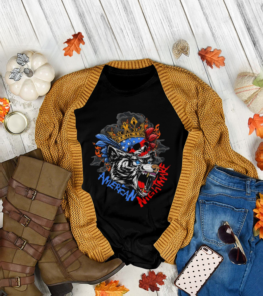 American Nightmare Skull with Crown and Wolf T-Shirt