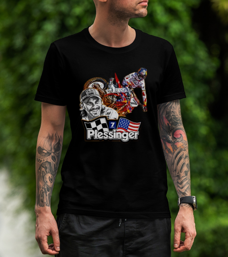 Plessinger American Motocross Racer With Flags And Checkered T-Shirt