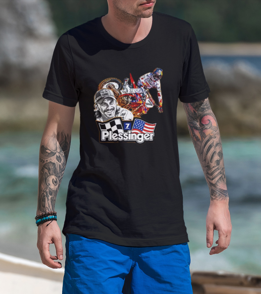 Plessinger American Motocross Racer With Flags And Checkered T-Shirt