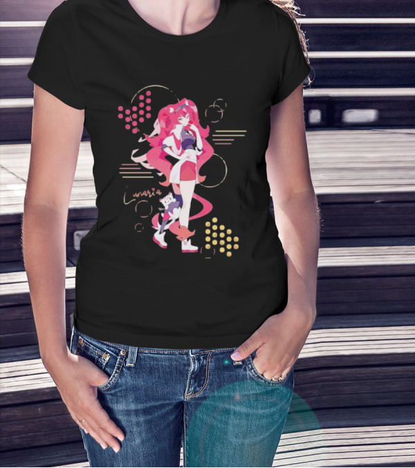 Lunaria Streetwear Pink Hair Girl With Cat And Circles T-Shirt