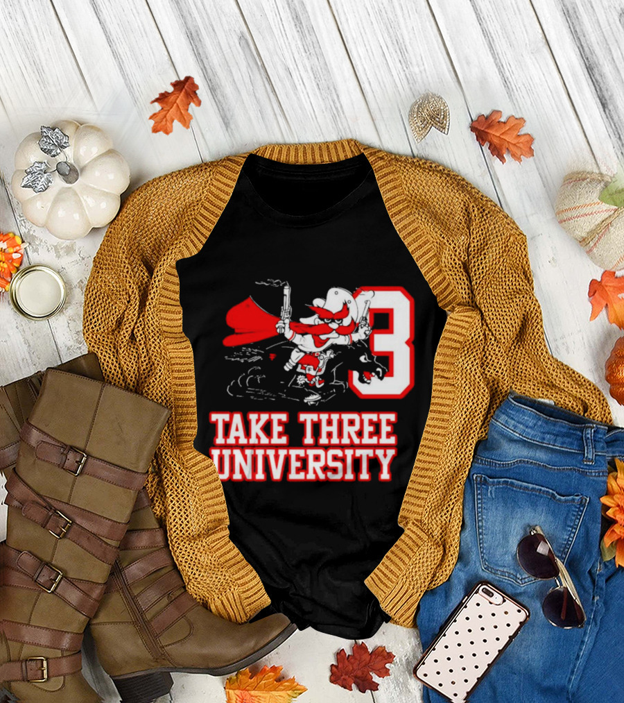 Take Three University Cowboy Mascot with Dual Pistols Number 3 T-Shirt